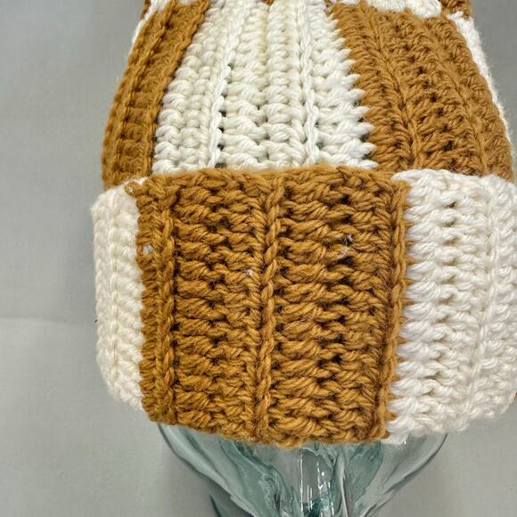 Handmade knit colorblock ivory and golden mustard checkered  stocking hat beanie main image 8